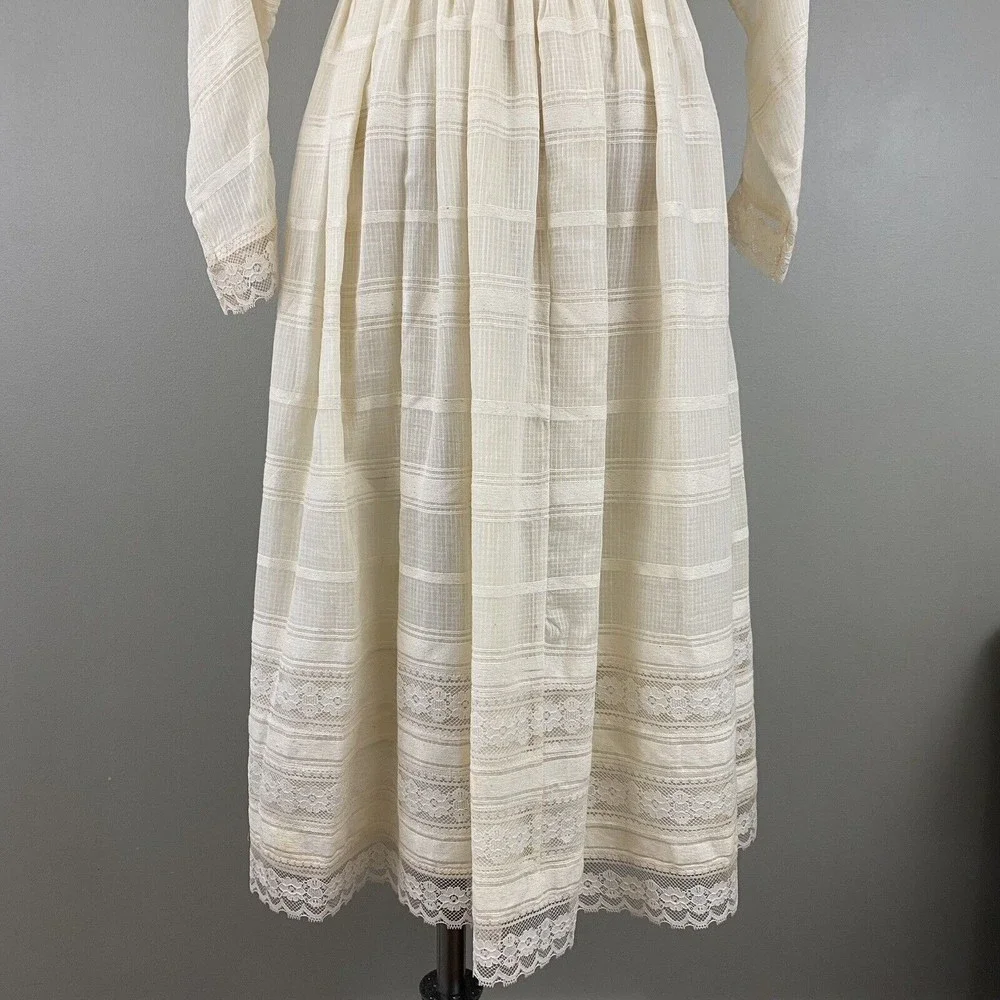 Vtg 70s Albert Capraro Womens Midi Dress XS S Ivory Lace Gunne Style - Picture 9 of 16